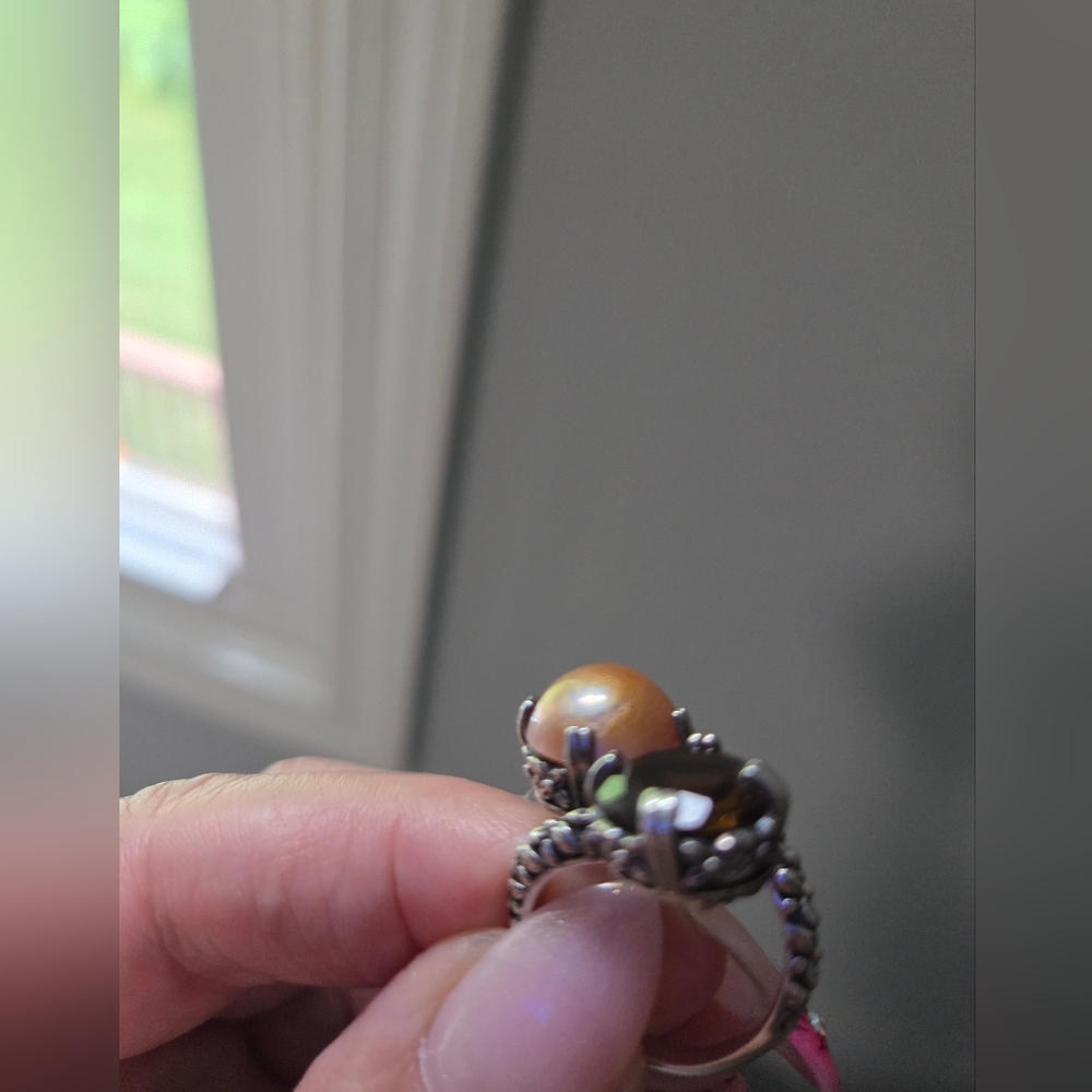 Stephen Dweck Sterling Cognac Quartz & Cultured Pearl Ring - Picture 5 of 11